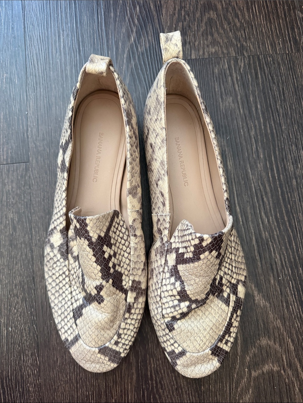 Banana Republic Snake-Print Loafers in Taupe and Dark Brown